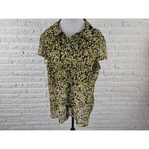 Apt 9 Womens Shirt 2X Plus Flutter Sleeve Button Up Green Watercolor WAT15E